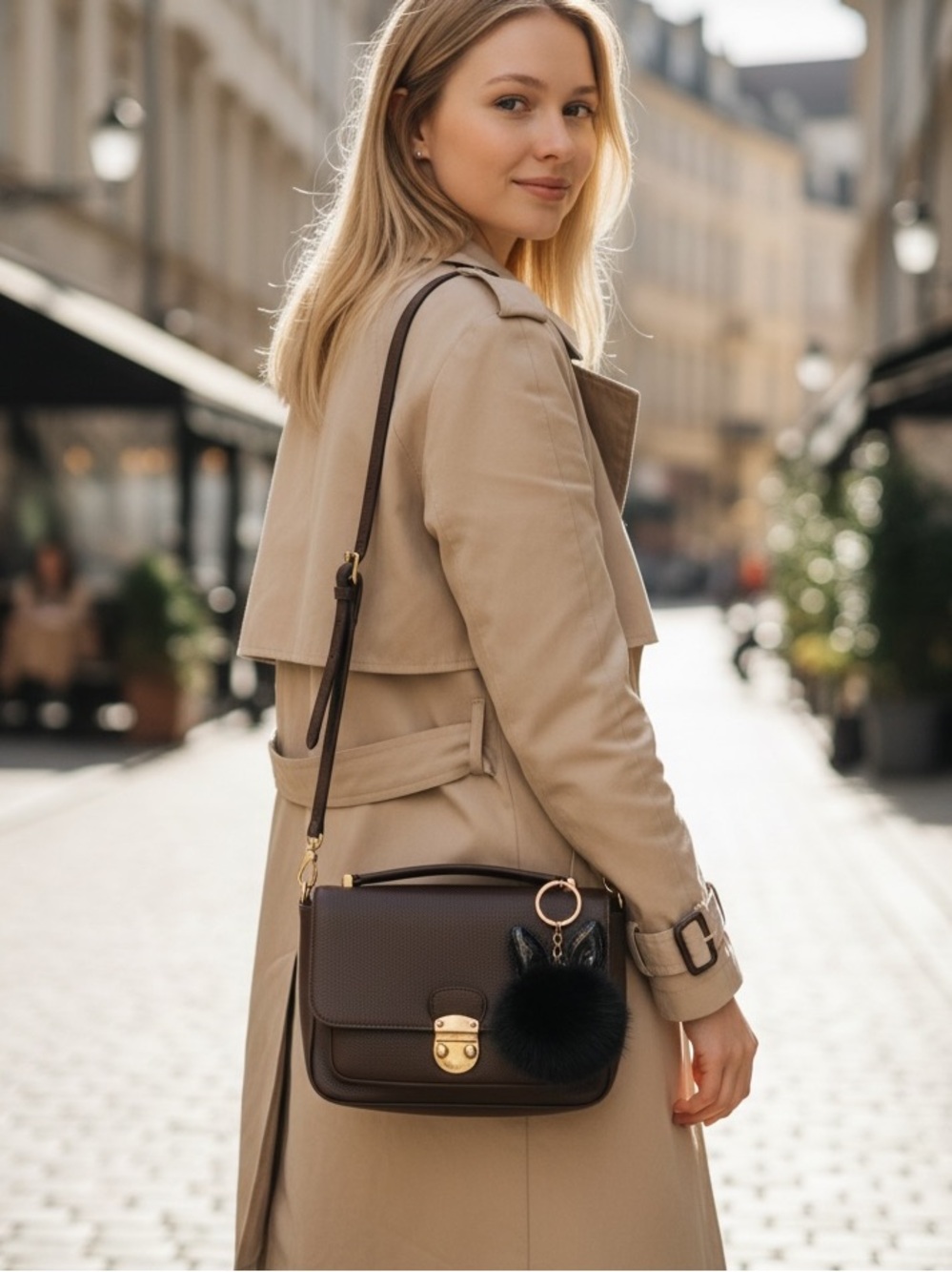 Black Faux Fur Bunny Pom Keychain - Women Accessories